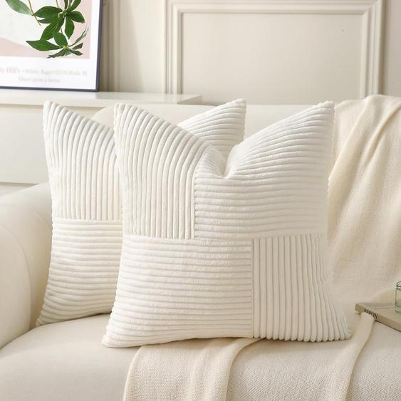 Housses de coussin en velours côtelé - Lot de 2, doux et moelleux - pour canapé, lit et sofa - 40x40 cm, couleur crème