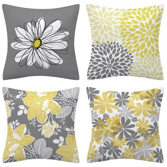 Housses de coussin florales jaunes et grises, housses de coussin à fleurs grises double face, lot de 4 taies doreiller carrées Dai