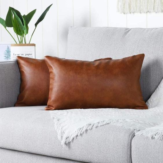 Housses de Coussins,Lot de 2 Luxe en Cuir Artificiel décoration Taie doreiller à Canapé Salon Balcon Jardin ,30x50cm,Marrone