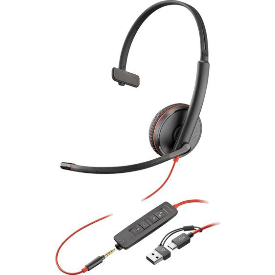 HP POLY Poly Micro-casque monaural USB-C Blackwire 3215 + prise 3,5 mm + adaptateur USB-C/A (lot), Avec fil, Bureau/Centre dappels, 20 - 20000 Hz, 64 g, Casq