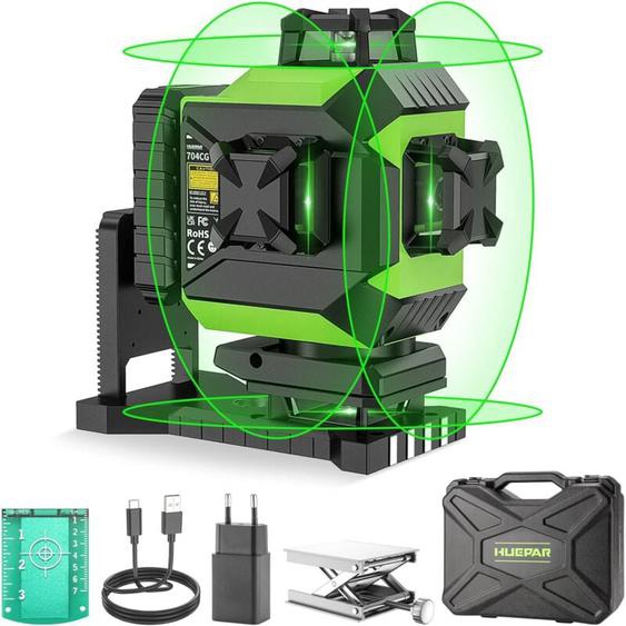 4x360 Niveau Laser 4D Vert Auto-Nivelant Laser 16 Lignes Croisée Ligne Laser Outil, 2x360 Horizontales&Verticales avec Mode Impulsion, Batterie