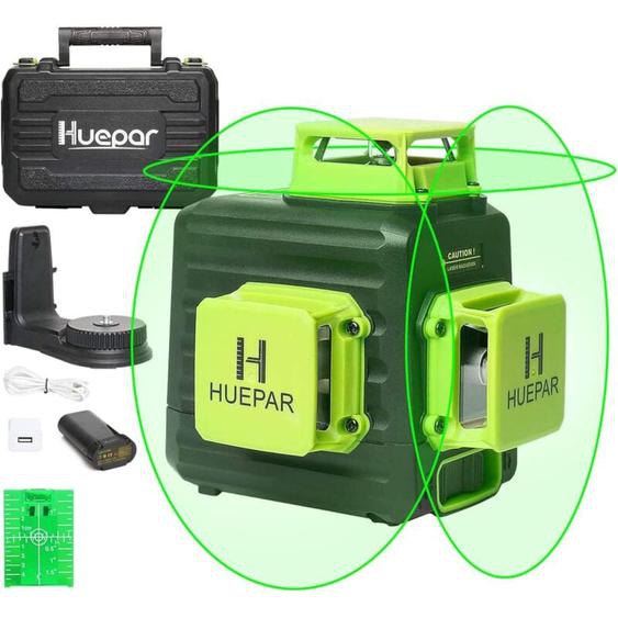 Huepar - Niveau Laser Vert à 3x360 avec Batterie Li-ion Rechargeable, Laser Level Auto-nivellement, Batterie Li-ion avec Port de Charge de Type-C et