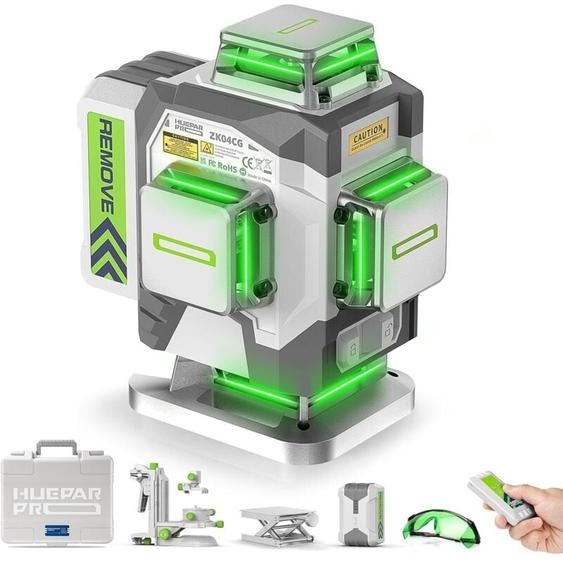 Huepar Pro Niveau Laser Auto-Nivellement 4D Vert Haute Précision - 4 360 Avec Batterie Lithium-Ion 8000 mAh, Support Multifonctionnel et Étui Rigide