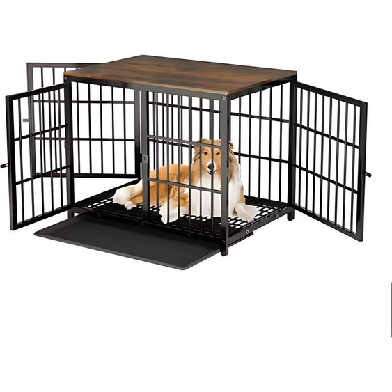Hundehütt – Pour animaux domestiques – Cage métallique avec meubles en bois – Cage pour chien – Noir – 107 cm