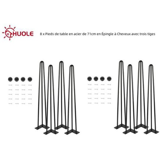 HUOLE 8 x Pieds de table en acier de 71cm en Épingle à Cheveux avec trois tiges Noir pour intérieur et extérieur