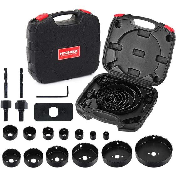 Hychika - Scie Cloche Coffret de Scie Trépan 19 pcs avec Mandrins, Plaque dinstallation et Clé Hexagonale, Lame de Scie 19-152 mm