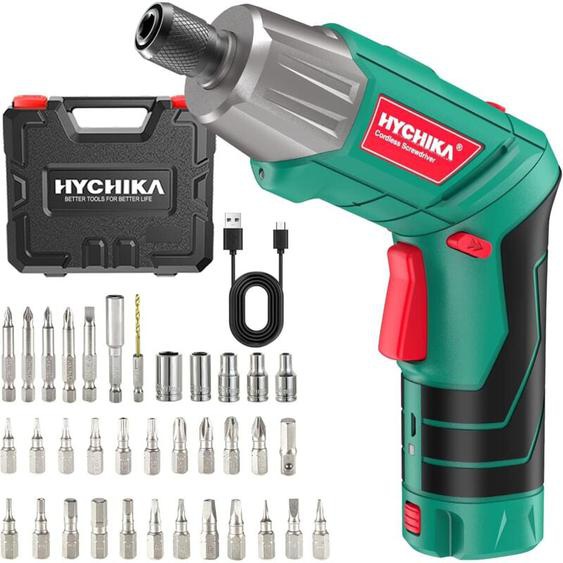 HYCHIKA Visseuse Sans Fil 6Nm, Visseuse Devisseuse sans Fil 2.0Ah 3.6V Avec 35 Accessoires, Lampe LED, Câble USB et Boîte de Rangement, Pour la