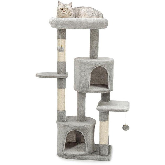 Ibenzoa® Arbre à gratter 115 cm – Revêtement en peluche, 3 plateformes, 2 cachettes, 4 poteaux en sisal, 2 balles suspendues, base stable de 45 x 32 cm, système de fixation murale