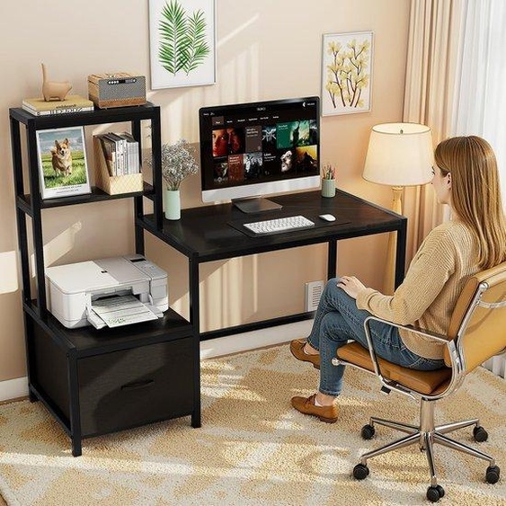 Ibenzoa® Bureau multifonctionnel 150 x 48 x 108 cm – Structure en acier, plateau de 12 mm, compartiment pour imprimante de 48 x 48 cm, tiroir en tissu, capacité de charge de 75 kg, étagères réversibles, crochet pour casque