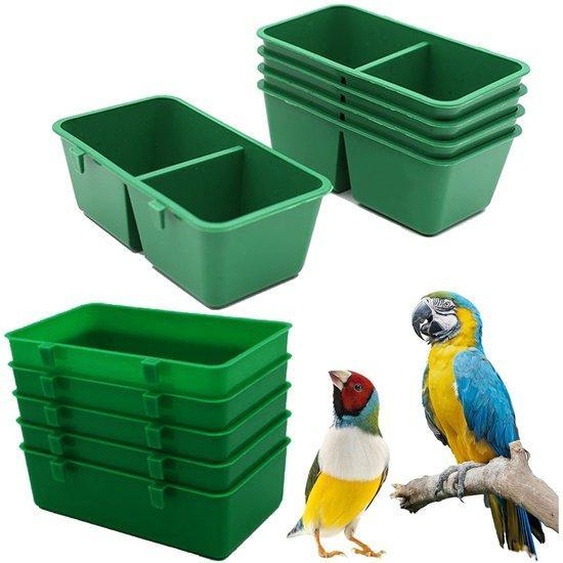 Ibenzoa® : Coffret de 10 accessoires en plastique pour oiseaux – 5 mangeoires (double compartiment) + 5 bains, couleur verte, pour cages intérieures et extérieures. Dimensions des mangeoires : 10 x 5,4 x 3,4 cm. Dimensions des bains : 12 x 7 x 3,5 cm