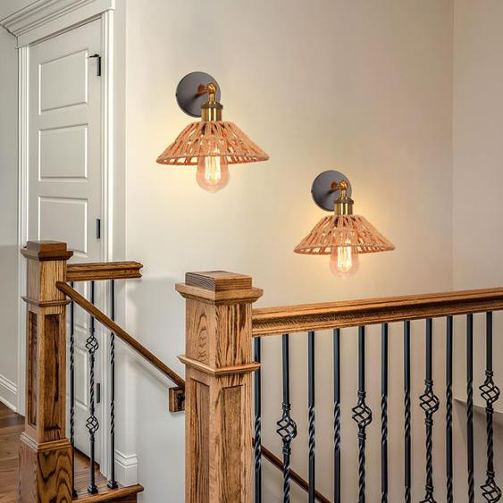 iDEGU 2pcs Rétro Lampe Murale en Corde de Papier Tissé Applique Murale Industriel Abat-jour Design Chapeau pour Salon Chambre