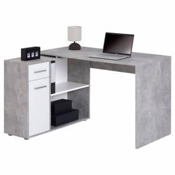 IDIMEX Bureau dangle ISOTTA avec meuble de rangement, décor béton et blanc mat