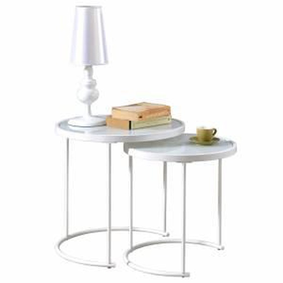 IDIMEX Lot de 2 tables dappoint gigognes LEYRE, plateau rond en verre blanc et cadre en métal blanc