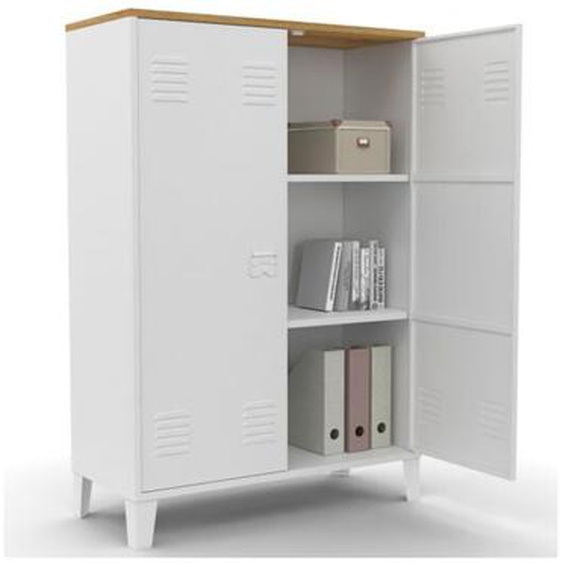 Armoire basse ester 2 portes métal blanc et plateau bois design industriel