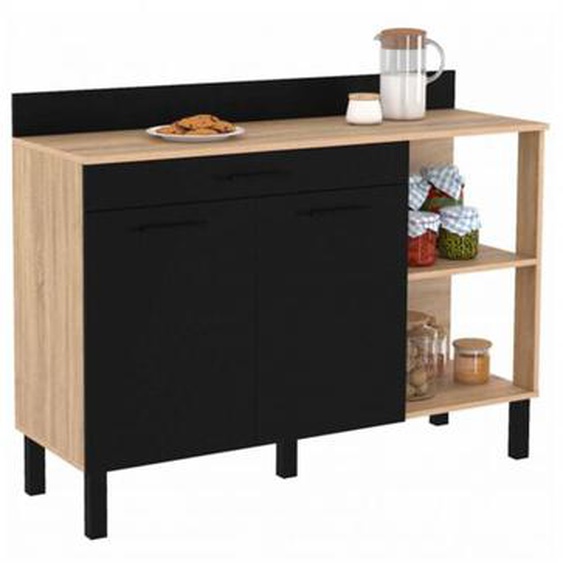 Buffet bas de cuisine 120 cm cina plan de travail H.83 cm 2 portes + tiroir façon hêtre et noir