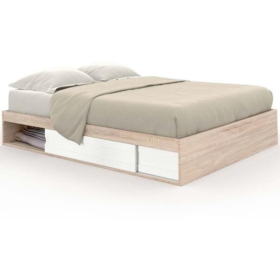 Idmarket - Cadre de lit double salem avec rangements et sommier 140 x 190 cm façon hêtre et blanc