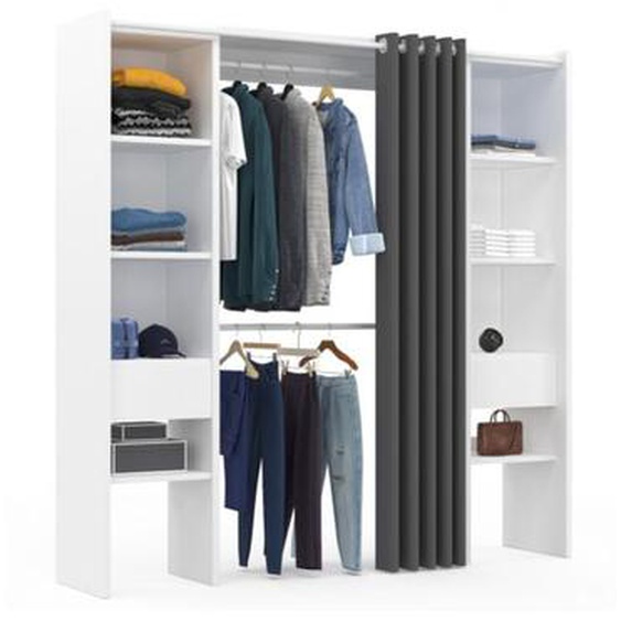 Idmarket - Dressing extensible double meryl 120/180 x 50 x 180 cm blanc avec étagères + double penderie + rideau gris