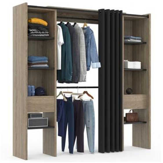 Idmarket - Dressing extensible double meryl 120/180 x 50 x 180 cm hêtre avec étagères hêtre + double penderie + rideau noir