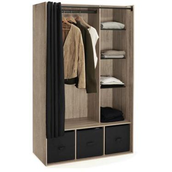 Dressing penderie diane 105 x 50 x 172 cm hêtre avec étagères + boites de rangement + rideau noir