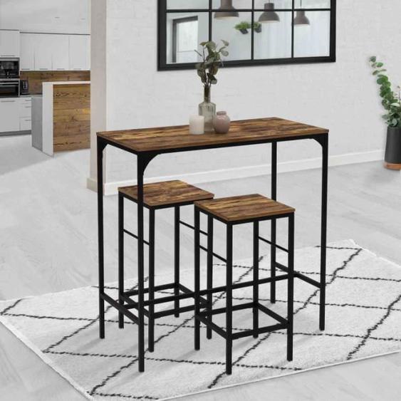 IDMARKET Ensemble table haute de bar DAYTON 100 cm et 2 tabourets effet vieilli design industriel