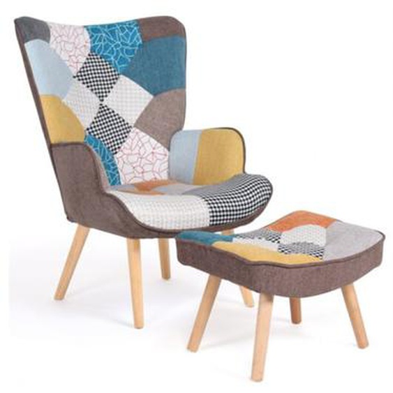 Idmarket - Fauteuil scandinave ivar avec repose pieds en tissu patchwork multicouleurs