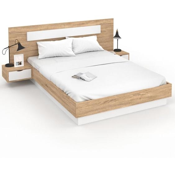 Idmarket - Lit double santa avec tête de lit + tables de chevet intégrées et sommier 140 x 190 cm bois et blanc