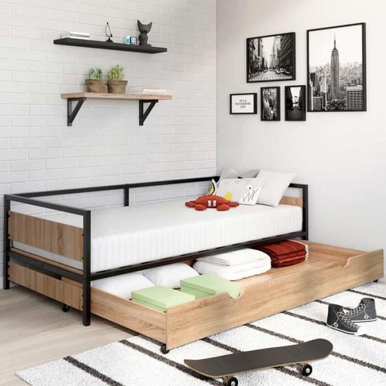 IDMARKET Lit enfant DETROIT 90 x 190 cm avec tiroir gigogne et rangement style industriel