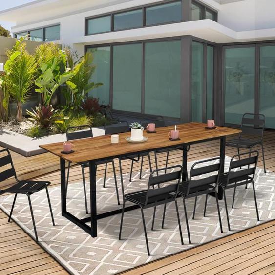 IDMARKET Salon de jardin extensible SOHO 8/10 places table 160/200 cm acier + acacia et 8 chaises empilables noires