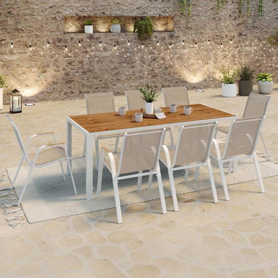 IDMARKET Salon de jardin NOUMEA table 190 cm plateau verre trempé effet bois et 8 chaises empilables blanc et bois