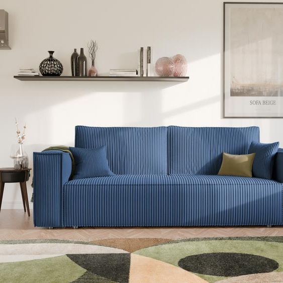 Idohome Canapé rembourré indépendant BALI Canapé avec fonction couchage et espace de rangement – Canapé-lit moderne, tissu velours côtelé bleu foncé, Poso 05 – peu encombrant et durable
