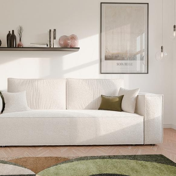 Idohome Canapé rembourré indépendant BALI Canapé avec fonction couchage et espace de rangement – Canapé-lit moderne, tissu velours côtelé crème, bouclé C1 – peu encombrant et durable