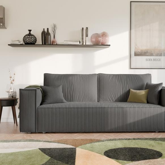 Idohome Canapé rembourré indépendant BALI Canapé avec fonction couchage et espace de rangement – Canapé-lit moderne, tissu velours côtelé gris foncé, Poso 34 – peu encombrant et durable