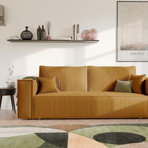 Idohome Canapé rembourré indépendant BALI Canapé avec fonction couchage et espace de rangement – Canapé-lit moderne, tissu velours côtelé jaune moutarde, Poso 01 – peu encombrant et durable