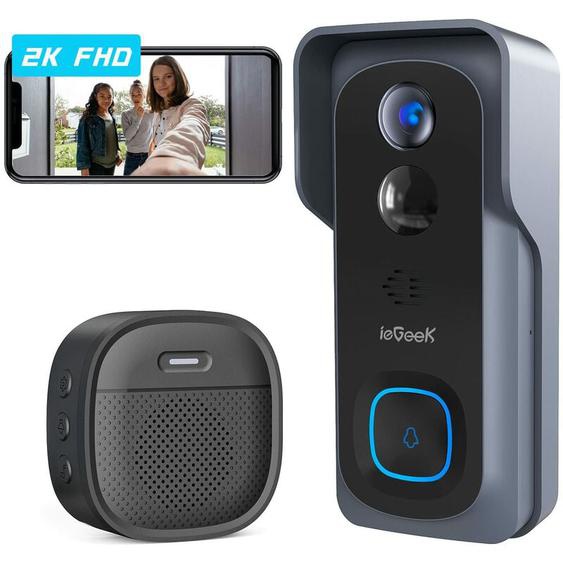 Iegeek - 3MP 2K Sonnette sans Fil avec Caméra, Exterieur Etanche Visiophone sans Fil avec Carillon Détection de Mouvement pir