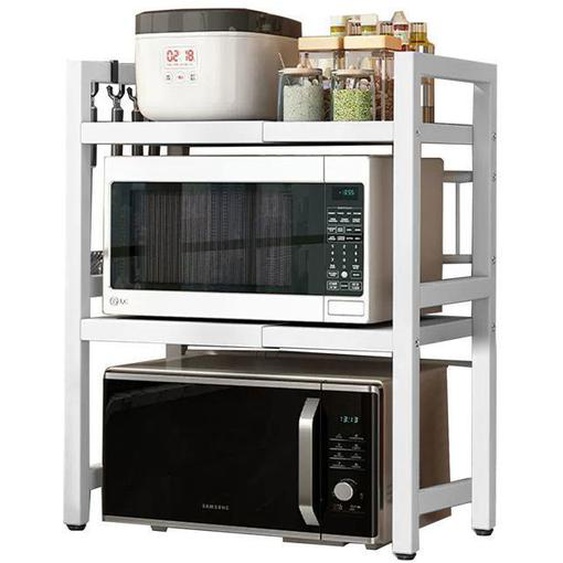 IGTOPS Support de Four à Micro-Ondes Extensible 40-63cm - Meuble de Rangement Cuisine à 2 Niveaux avec 6 Crochets