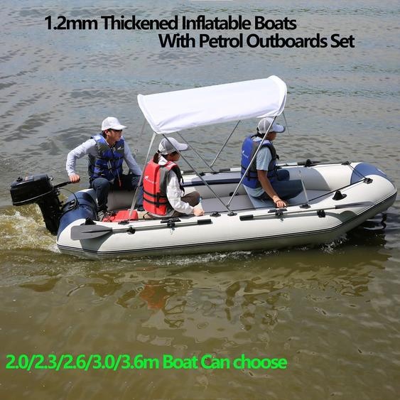 IHOMEINF Bateau gonflable en PVC épais de 1.2mm, avec hors-bord et pare-soleil dorés, plateforme de pêche professionnelle avec pont pneumatique