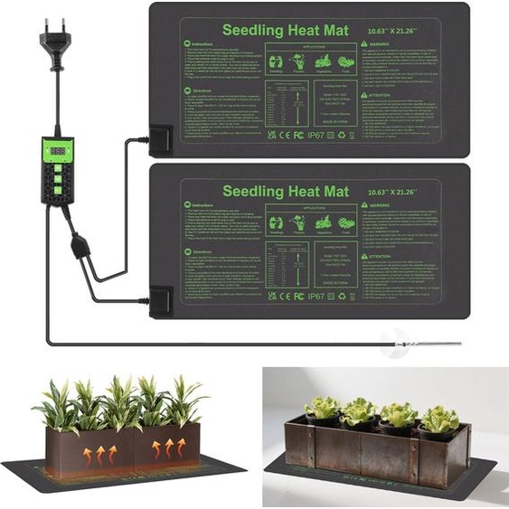 Ikodm, lot de 2 tapis chauffants pour plantes, 55W, avec thermostat, minuterie (0–12 heures), indice de protection IP67