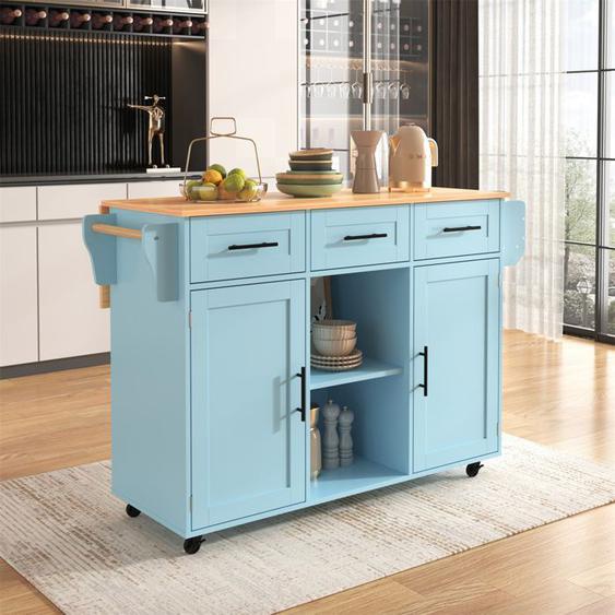 Ilot Central Cuisine, avec Rangement et Plan de Travail, Buffet Cuisine avec Roulettes,Table Bar,Pieds en Bois Remplaçables,Bleu