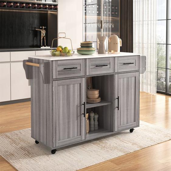 Ilot Central Cuisine avec Rangement et Plan de Travail, Buffet Salle a Manger avec Roulettes, Pieds en Bois Remplaçables, Gris