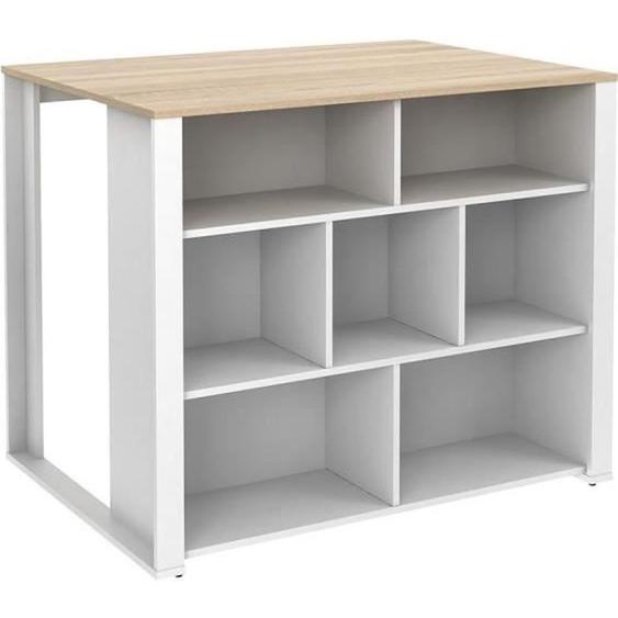 Ilot central de cuisine OPOLE - VENTE-UNIQUE - Blanc et chêne - 7 niches - Style scandinave et moderne
