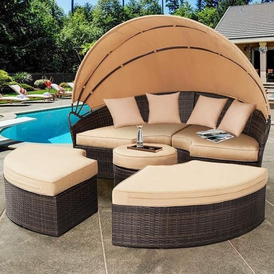 Îlot de bronzage 180 cm en polyrattan avec toit solaire, chaise longue divisible et coussin