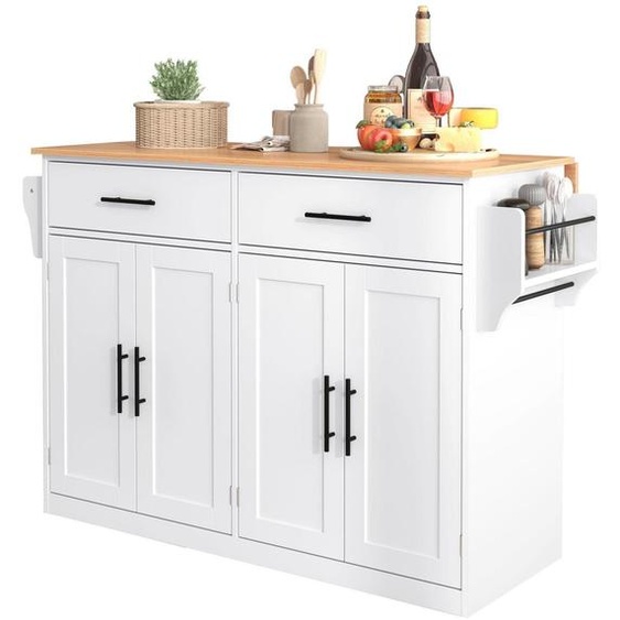 Îlot de cuisine avec plateau rabattable de 120x46(70)x91 cm, de couleur blanche, équipé de roulettes et de pieds en bois, avec 4 portes et 2 tiroirs
