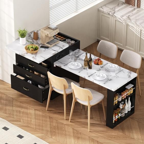 Îlot de cuisine avec table à rallonges, 125-187 cm, pour 2 à 4 personnes, table de cuisine avec éclairage LED et prises électriques, mobile sur roulettes, design moderne noir et aspect marbre