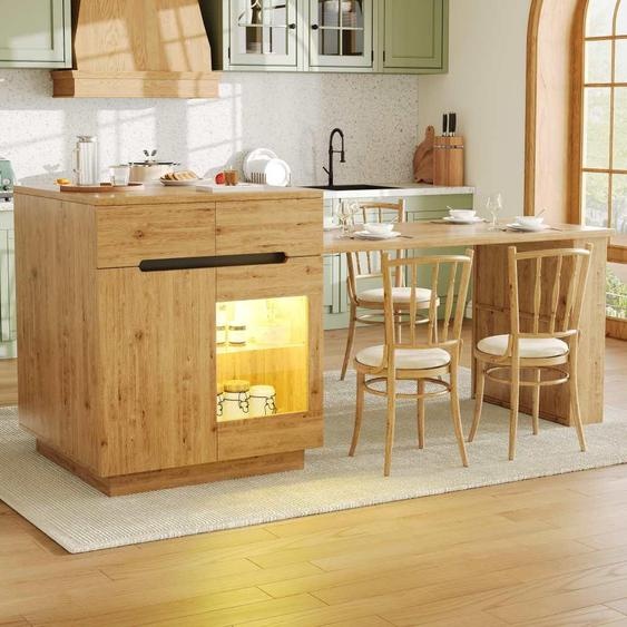 Îlot de cuisine coulissant avec éclairage LED, armoire de cuisine multifonctionnelle aspect chêne, nombreux rangements et tiroirs, porte vitrée,via application, salle à manger et cuisine