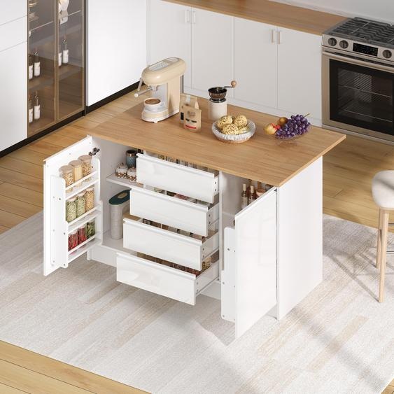 Îlot de cuisine de 140 cm, avec plan de travail escamotable, 4 tiroirs, 2 placards, façades en finition haute brillance, aspect bois, couleur blanche.