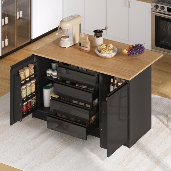 Îlot de cuisine de 140 cm, avec plan de travail escamotable, 4 tiroirs, 2 placards, façades en finition haute brillance, aspect bois, couleur noire.