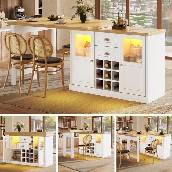 Îlot de cuisine extensible de 120 à 197 cm, avec éclairage LED tricolore à 360°, étagère à vin, table à manger, espace de rangement, portes coulissantes, blanc, noir, table multifonctionnelle