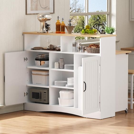 Îlot de cuisine Fortuna Lai sur roulettes, coin repas extensible Îlot de cuisine avec chaises, buffet avec grand espace de rangement, idéal pour la cuisine et la salle à manger comme buffet (blanc)