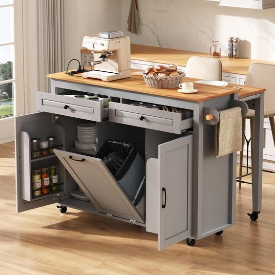 Îlot de cuisine Fortuna Lai sur roulettes, coin repas extensible Îlot de cuisine avec plan de travail et compartiment poubelle, îlot de cuisine mobile indépendant avec multiprises, idéal pour la cuisine et la salle à manger (gris)