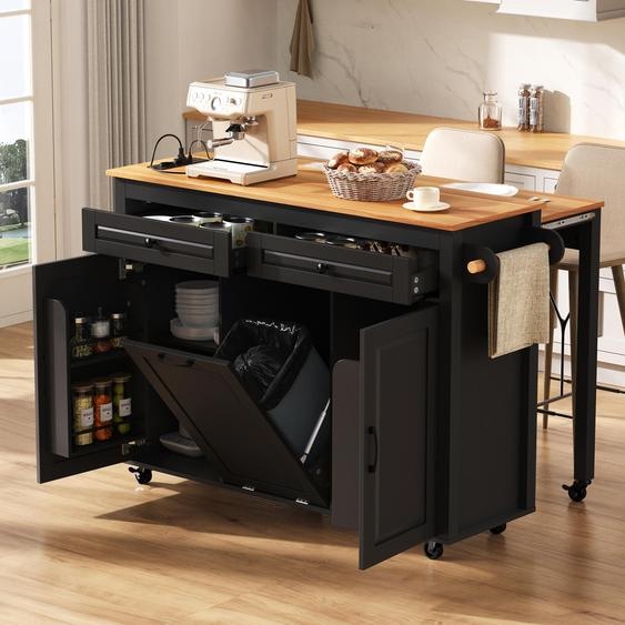 Îlot de cuisine Fortuna Lai sur roulettes, coin repas extensible Îlot de cuisine avec plan de travail et compartiment poubelle, îlot de cuisine mobile indépendant avec multiprises, idéal pour la cuisine et la salle à manger (noir)